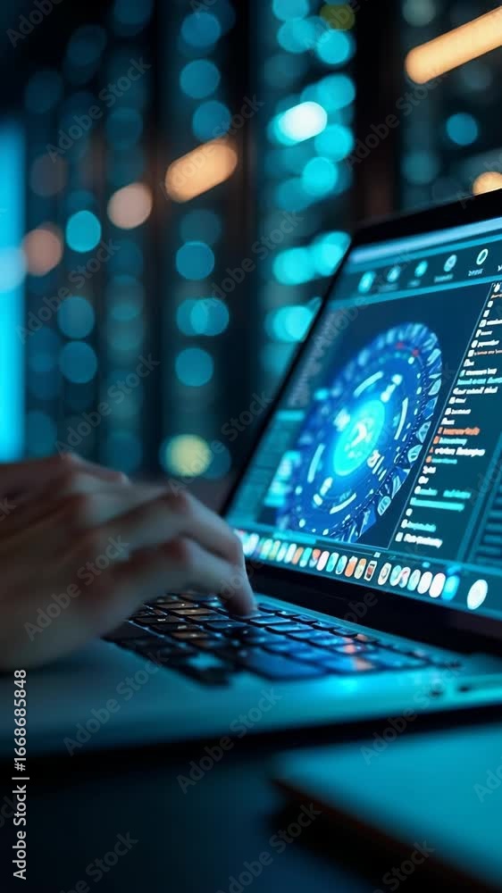 Poster person working on laptop creating website design. hands type on laptop keyboard. holographic server 