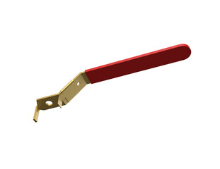 Isolated Brass and Red Quarter-Turn Valve Handle, crucial shutoff component for plumbing and pneumatic systems. Detailed 3D rendering, perfect for engineering schematics and technical illustrations.