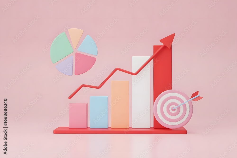 Poster colorful 3d render of business growth chart with an upward arrow bar graph pie chart and target on a