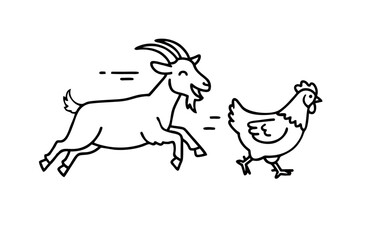 Funny Goat and Chicken Playing Together – Farm Animal Line Art Illustration