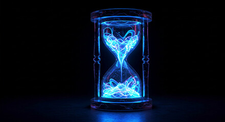 Abstract glowing hourglass with neon light trails flowing like a data stream, symbolizing complex information, technology, and the future of science.