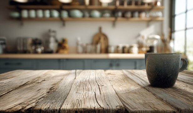 Rustic kitchen tabletop, blurred background