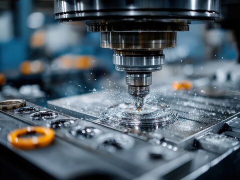 High-precision CNC milling machine cutting metal gear with water spray in modern industrial workshop. Advanced technology, manufacturing, engineering, automation