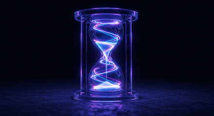 Abstract glowing hourglass with neon light trails flowing like a data stream, symbolizing complex information, technology, and the future of science.