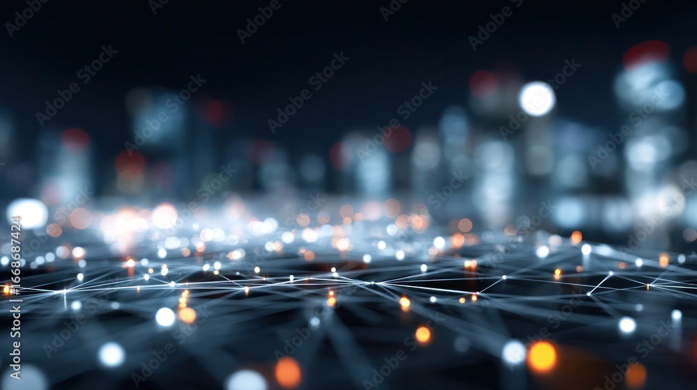 Poster digital network in city: an intricate network of luminous nodes and lines intertwines, overlaying a 