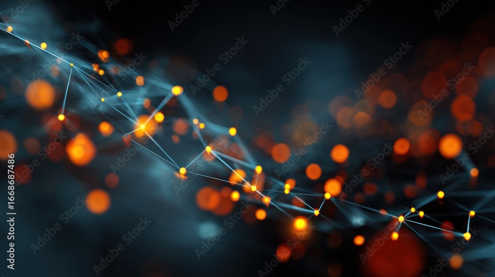 Poster digital network: captivating abstract of interconnected nodes, shimmering with data flow, illustrati