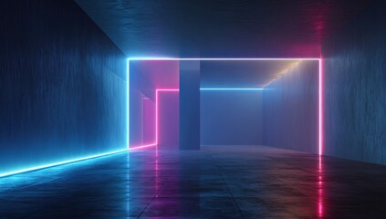 Neon glowing shapes in a dark, futuristic space