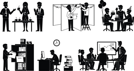 Office people illustrations, business meeting, coffee break, birthday celebration, team planning, working late, corporate tasks, workplace vector icons set