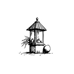 Obraz premium Ink drawing showing a stylized bird house alongside foliage with an artistic simple and vintage