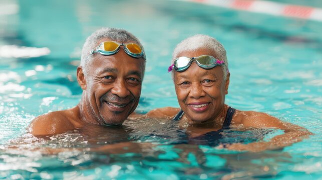 elderly black couple smiling and swimming in a pool