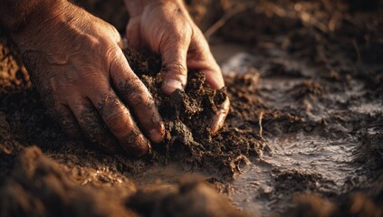 Hands working with wet soil