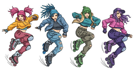 Obraz premium Vector art of young women rollerblading with dynamic tricks and stunts, showcasing urban street style, energy, and action sports culture, ideal for lifestyle, youth, and fitness concepts