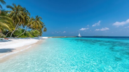 Fototapeta premium beach with white sand, turquoise water, and palm trees