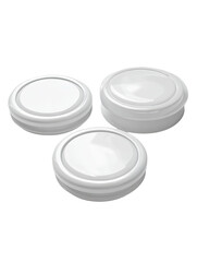 Three round, white lids arranged in a loose triangle.  Smooth, glossy surface.  Simple design