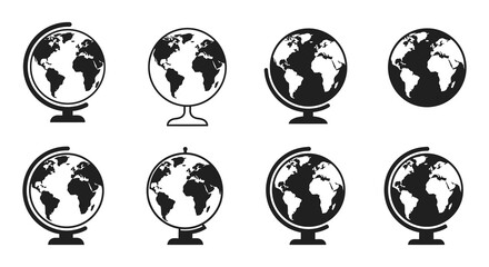 Collection of various black and white globe icons on a simple white background