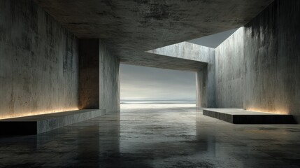 Modern architectural interior with dramatic lighting and reflective surfaces