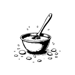 Monochrome drawing of a bowl filled with creamy liquid and a spoon rests inside offering a simple
