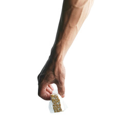 Hand Holding traditional raw tempeh food on Bright White Background