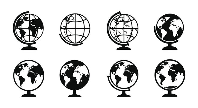 A collection of black and white globe icons on a plain background