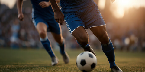 Exciting soccer match action local stadium sports photography evening
