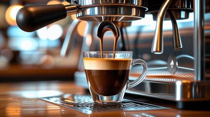 Espresso machine brewing coffee into a clear cup