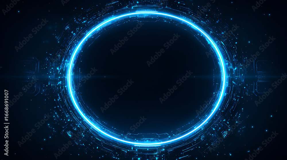 Poster neon light blue circle portal with electronics elements and wires are on a futuristic technology cir