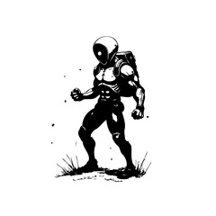 Monochrome robotic character illustration featuring an athletic build and carrying gear set