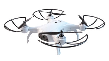 A white drone with black propeller guards and arms, in a three-quarter view