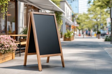 Empty chalkboard easel on city sidewalk outside cafe business advertising space