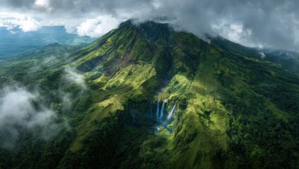 Aerial view of a lush volcanic landscape