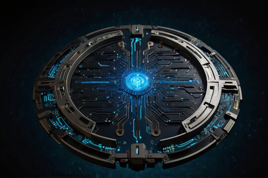 Futuristic circular cybernetic shield with glowing blue circuitry technology digital