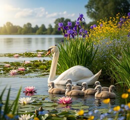 Naklejka na ściany i meble goose and child in the lake with flowers