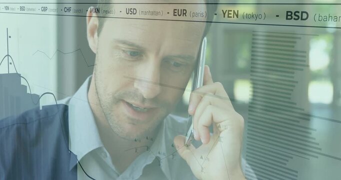 Overlay appearing causing analyst holding smartphone tracking currency fluctuations on trade call