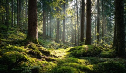 Obraz premium Sunlight streams through a mossy forest floor