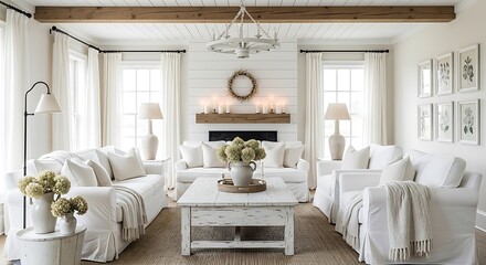 Elegant and serene living room interior featuring white furniture and natural light