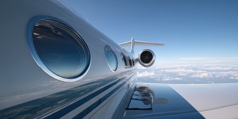 Private jet soaring above clouds