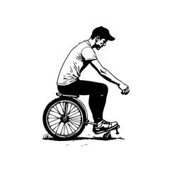 Silhouette depiction of a man riding a unicycle while wearing a cap and casual attire in black and © Gunawan