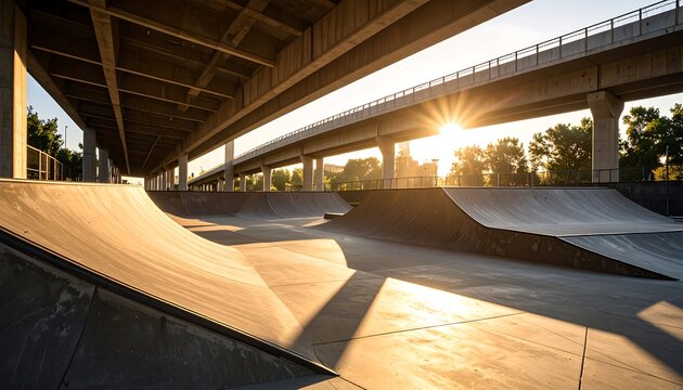 Skatepark at Sunset with Concrete Ramps and Urban Bridge