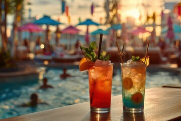 Colorful cocktails by a pool at sunset