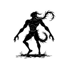 Silhouette of a mysterious being standing tall gazing upward with flowing hair and a tail on a