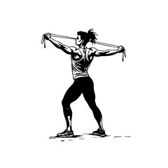 Silhouette of determined athlete stretching resistance band in powerful stance preparing for
