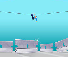 A helpless man hangs onto a wire over a field of razor blades in a 3-d illustration about impossible situations and getting into trouble.