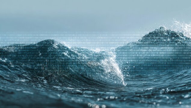 Ocean waves with binary code overlay