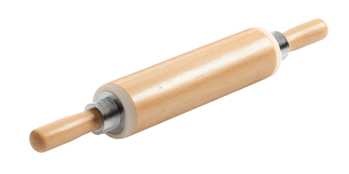 Light beige wooden rolling pin with metal ring