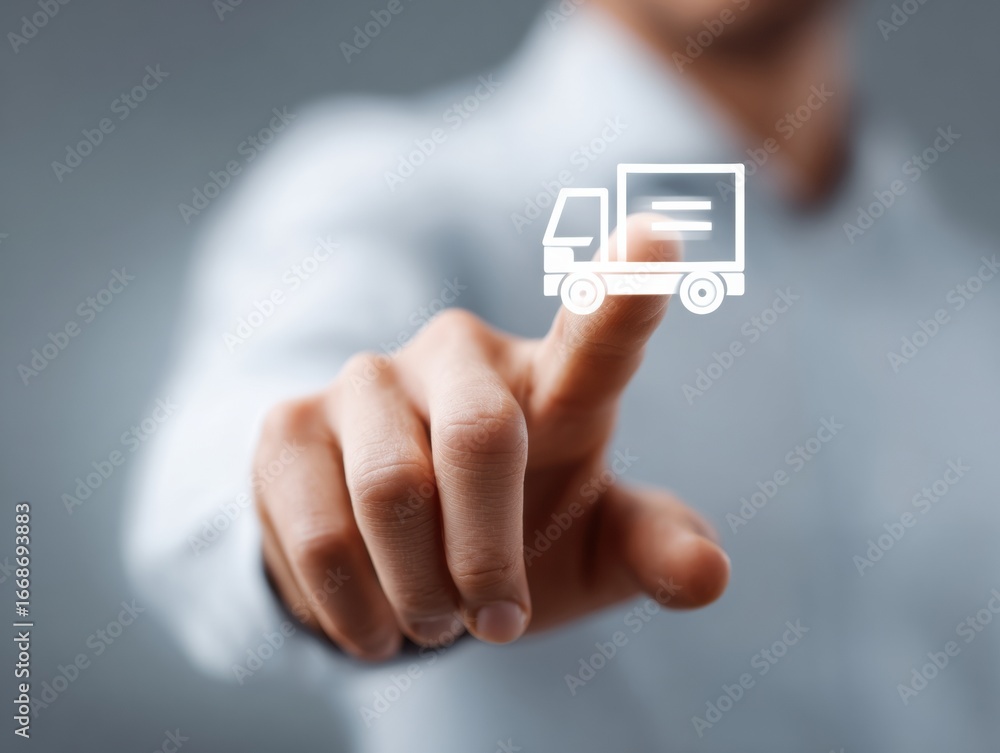 Poster professional businessman using transparent circuit interface for modern supply chain management and 
