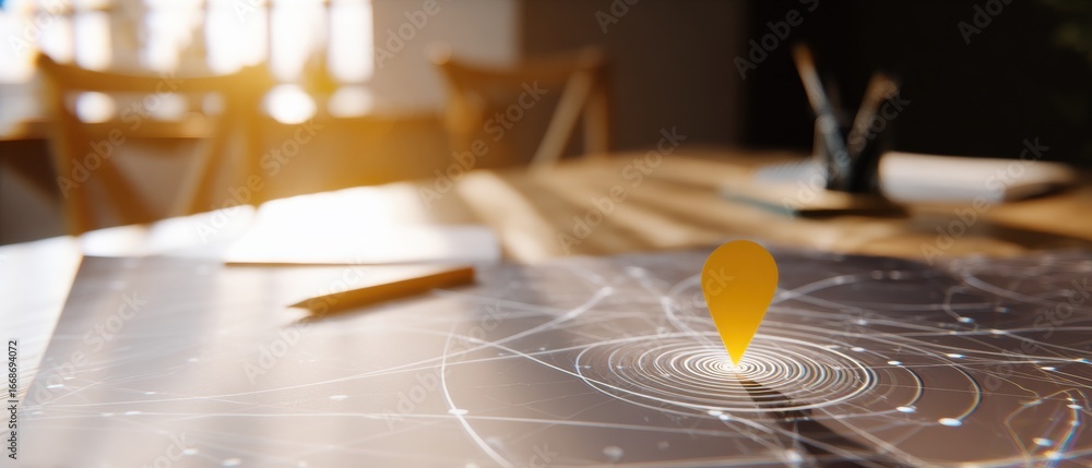 Poster modern spatial interface location symbol over digital data network premium tech connectivity concept