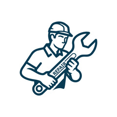Repair Service Man Logo,  a muscular construction worker with tools hammer and wrench.
