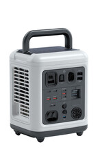 Fototapeta premium Portable, square power station. Compact, white, grey device with handles and multiple ports