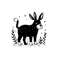 Stylized black donkey illustration with rabbit ears amidst minimal flora against stark white