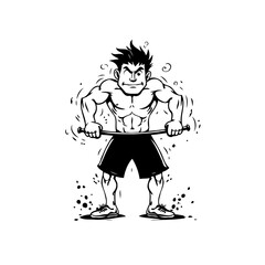 Stylized illustration of a muscular cartoon man performing a workout with weights showcasing fitness